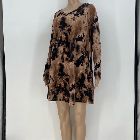 Sew In Love T-Shirt Dress Womens Black and Brown Bleach Dyed Long Sleeve V-Neck - Picture 6 of 9
